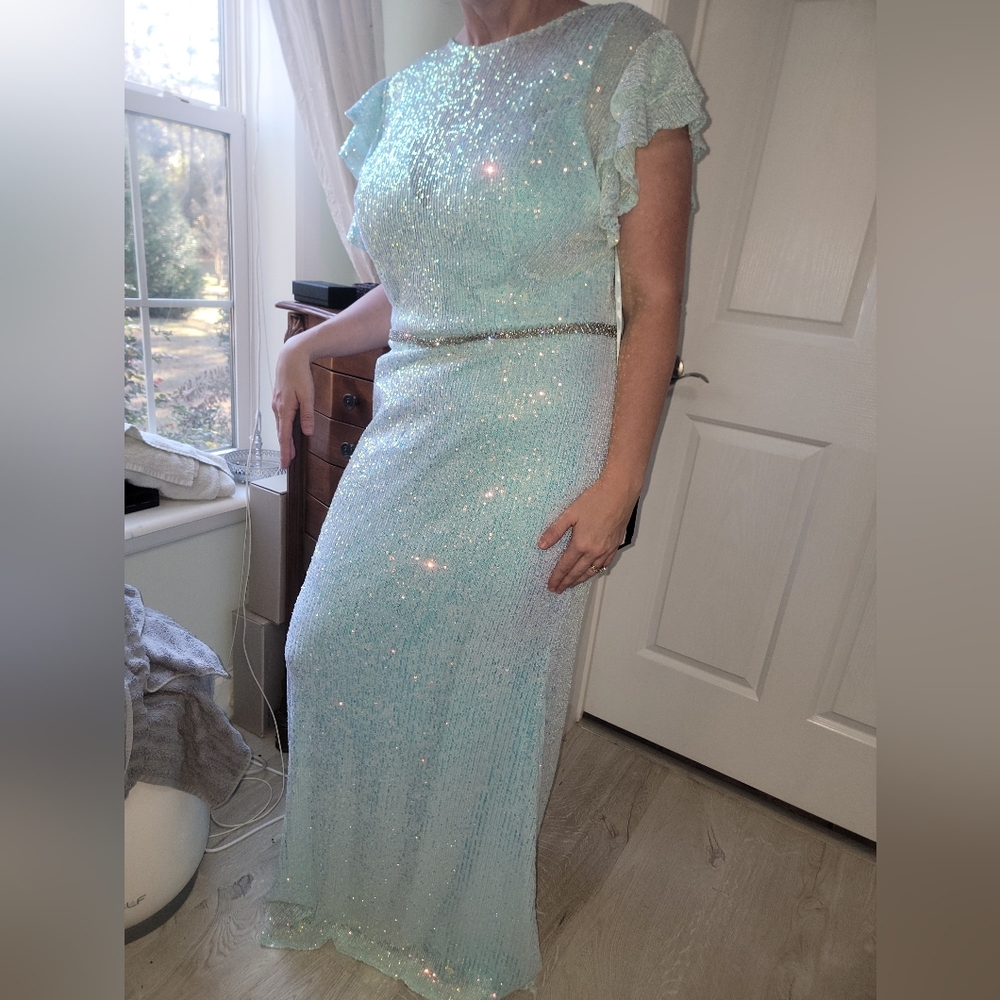 Mac Duggal Glittering Light Blue Sequin Maxi Dress